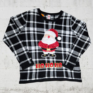 Ugly Christmas Black Plaid Glitter Santa Crewneck Womens Knit Sweater Size XL